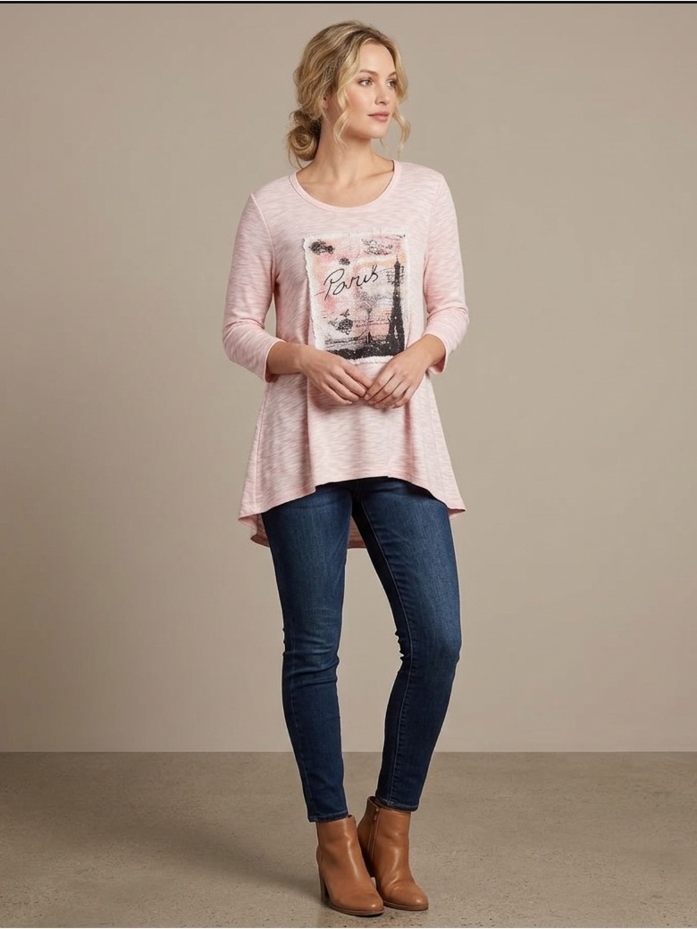Absolutely Famous Dusty Pink Paris Graphic Hi-Low Tunic